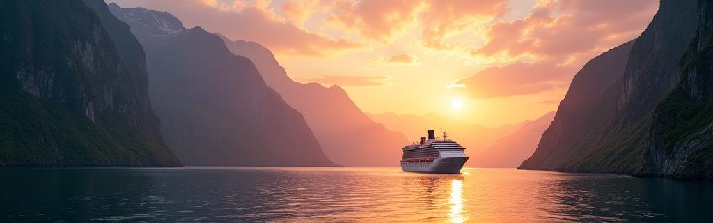 Luxury cruise ship sailing through Norwegian fjords at sunset.