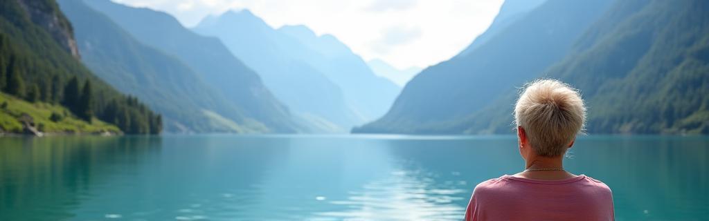Senior woman relaxing by a serene lake in Switzerland.